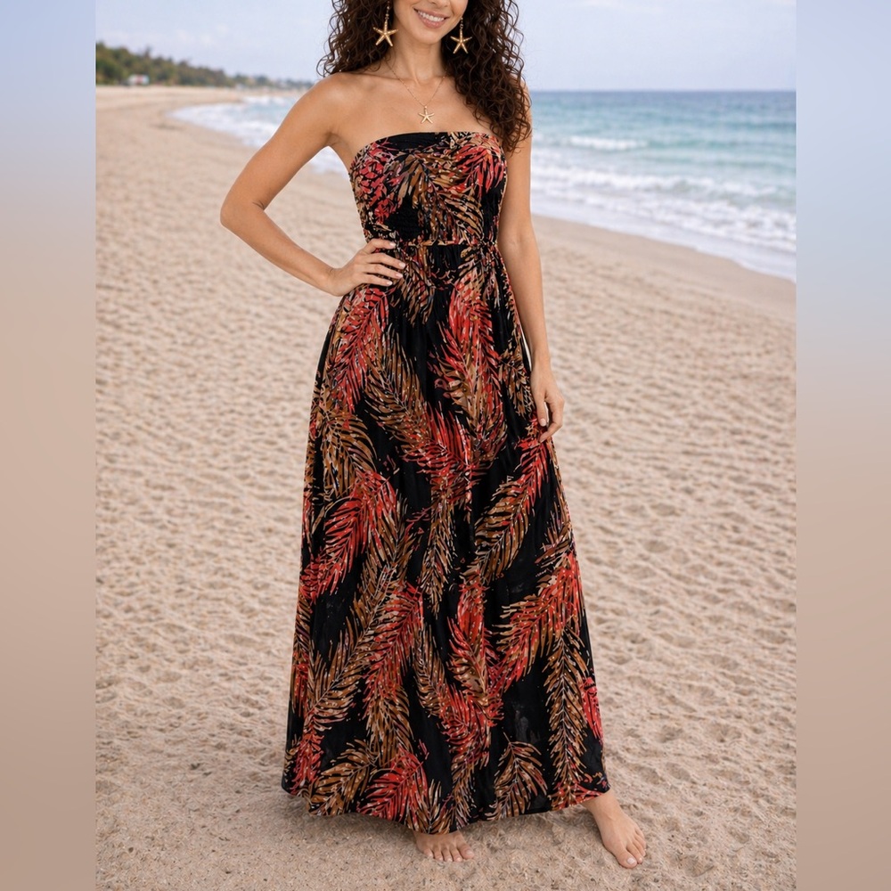 LASCANA Strapless Tropical Palm Print Maxi Dress S